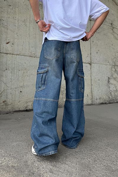 Flaw Wear Ripped Detail Blue Baggy Jeans with Cargo Pockets