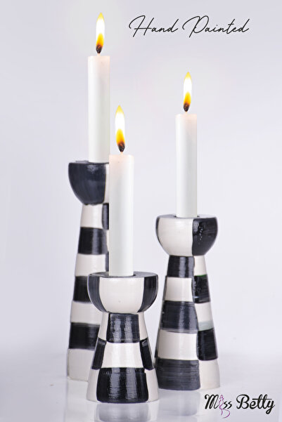 Miss Betty Siyah Beyaz Damalı 3'lü Mumluk