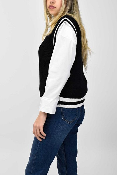 birizmoda Pulover tricotat cu decolteu în V cu dungi albe