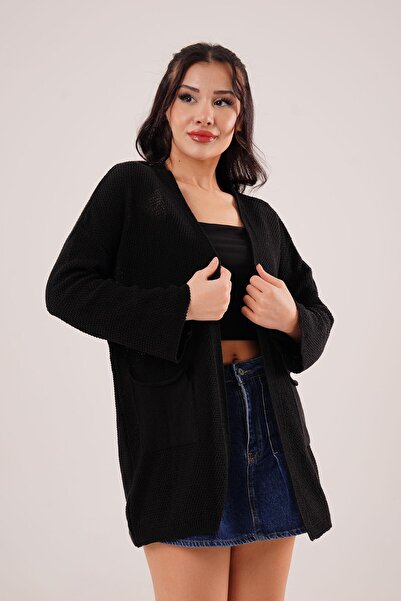 Hipo Trend Loose Model Knitwear Long Black Cardigan with Pockets