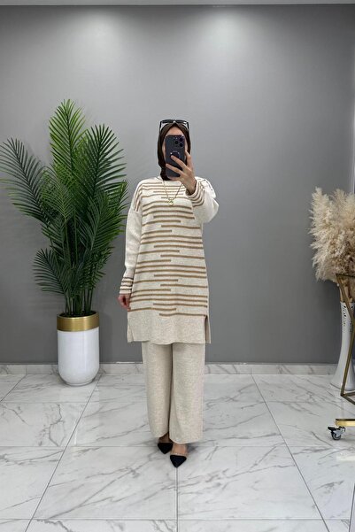 Mercan Güli̇stan Tri̇ko Takim Hijab Suit with Sequin Detail Knitwear Tunic Pants Set Stone