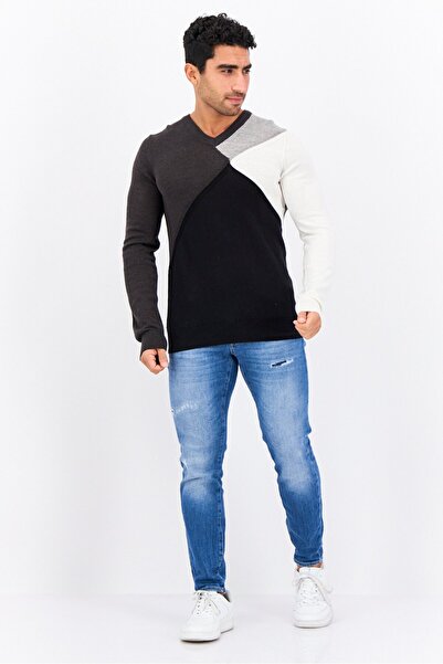Perry Ellis Men V-Neck Long Sleeves Colorblock Sweater, Black