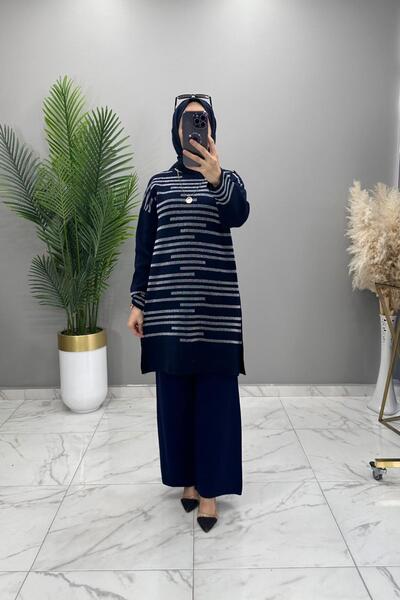 Mercan Güli̇stan Tri̇ko Takim Hijab Suit with Sequin Detail Knitwear Tunic Pants Set Navy Blue