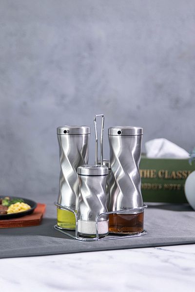 Nehir 4 Piece Stainless Steel Oil and Spice Pot Set with Twisted Stand