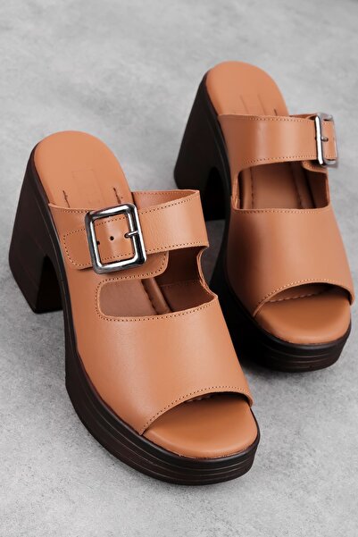 MY DERİ Darly Women's Genuine Leather Belt Detailed Heeled Slippers 3748