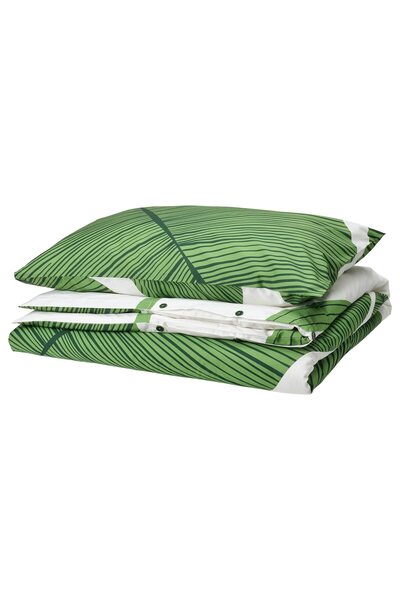 Generic Duvet cover and pillowcase, white/green, 150x200/50x80 cm