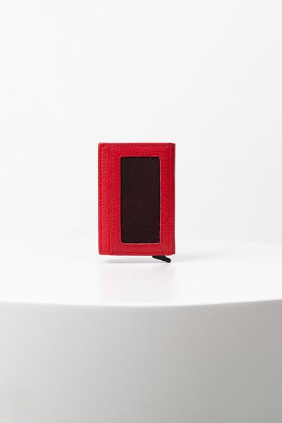 BAYDERİ Genuine Leather Red Mechanical Card Holder Wallet
