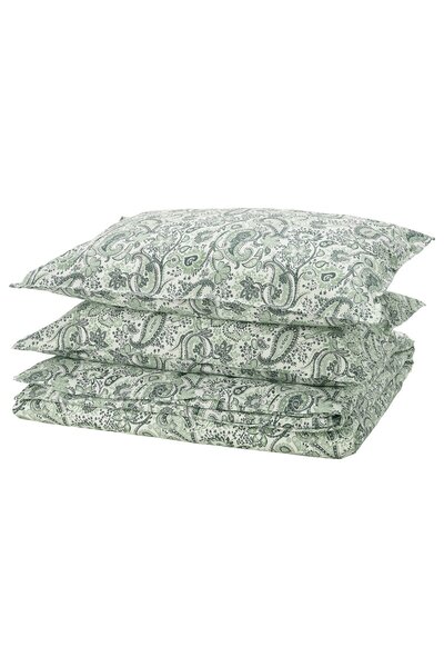 erorex Duvet cover and 2 pillowcases, green/white, 240x220/50x80 cm