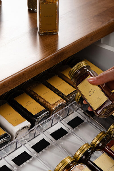 Mienda Home 12'li Şeffaf Kristal Plexi Standlı Cam Baharatlık Seti Gold Kapak...