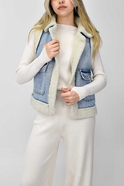 birizmoda Vestă de damă din denim albastru gheață cu blană în interior