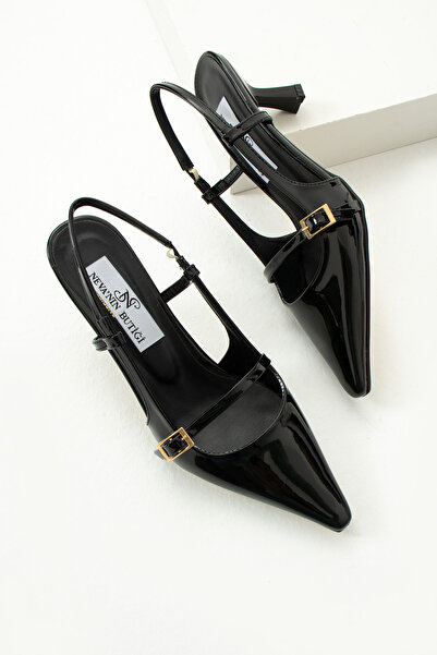 Neva'nın Butiği حذاء سهرة بكعب عالٍ من الجلد الأسود اللامع من Siana - مفتوح م...