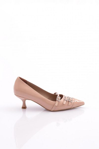 DGN Pantofi de dama cu toc scurt cu catarama in fata piele lacuita bej 3961535