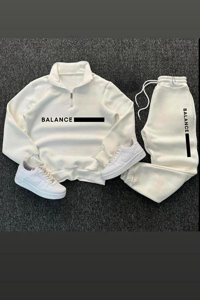 CAST COLLECTİON Unisex White Balance Printed Zip-Up Collar Sweatshirt Sweatpants Set