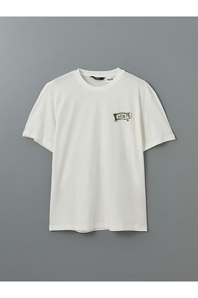 LC Waikiki Ανδρικό μπλουζάκι XSIDE Ecru Crew Neck One Piece με στάμπα από βαμβακερό βαμβάκι