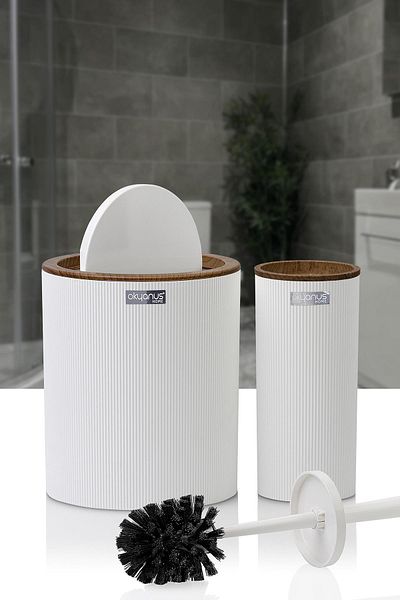 Okyanus Home Σετ κουβά και βούρτσα WC 2 τεμαχίων με ριγέ στρογγυλό σχέδιο Mina White