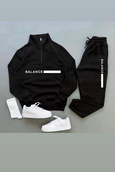 CAST COLLECTİON Unisex Black Balance Printed Zip-Up Collar Sweatshirt Sweatpants Set