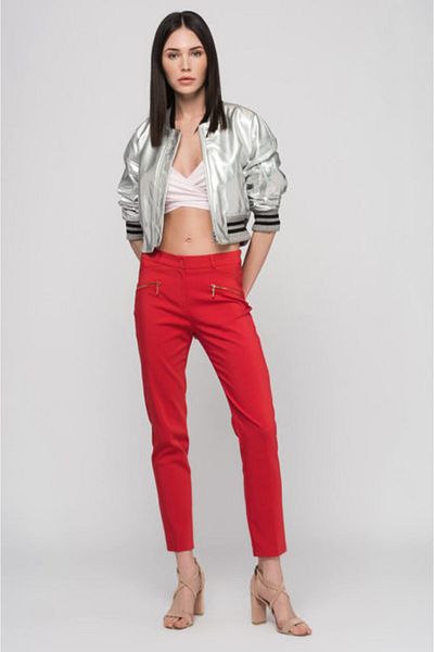 Sense Zippered Pencil Pants with Ten Pockets| Pnt19007 Red