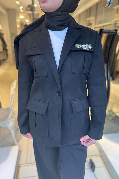 Unıquemode Uw 253015   Unique Suede Fabric Stone Embroidered Jacket