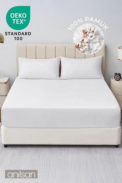 Anılsan Plain White Fitted Sheet 100% Cotton Single/Double Home, Hotel Sheet, 63 Wire