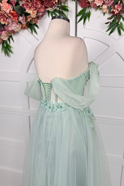 Lenta Moda Su Yeşili Boncuklu Dantel Kaplama  Midi Boy Abiye ve Gece Elbisesi