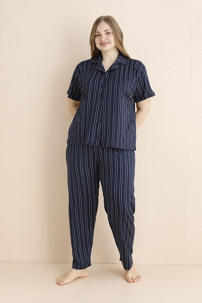 MEBA Women's Plus Size Front Button Short Sleeve Thin Seasonal Navy Blue Pajamas Set