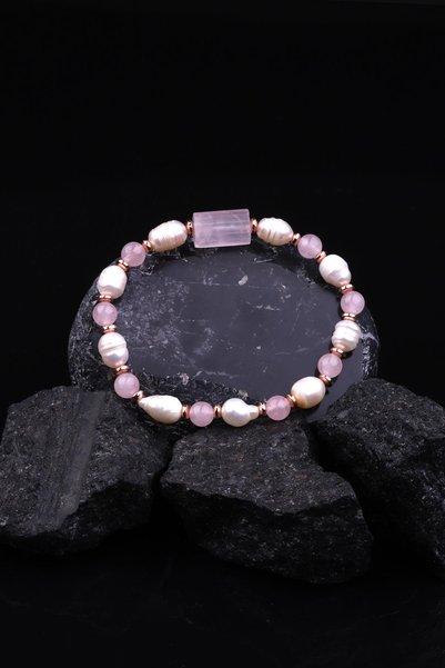 Alibaba Doğaltaş Pink Quartz - Pearl - Hematite Natural Stone Design Bracelet
