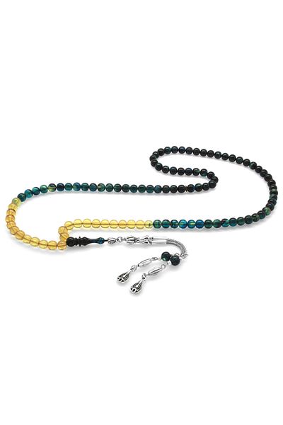 Tesbihane Non-Tarnish Metal Water Drop Tasseled Globe Cut Filtered Blue-white Fire Amber 99 Pcs Rosary