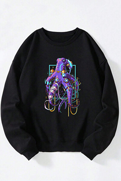 Anetos Rekli Ahtapot Unisex Negru Guler Rotund Bumbac Sweatshirt