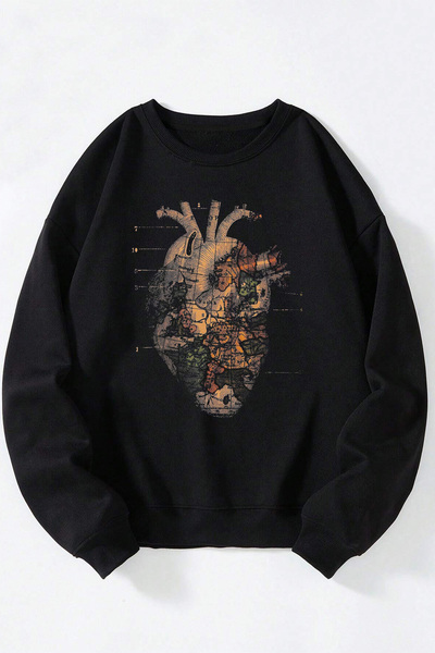 Anetos Heart Unisex Negru Guler Rotund Bumbac Sweatshirt
