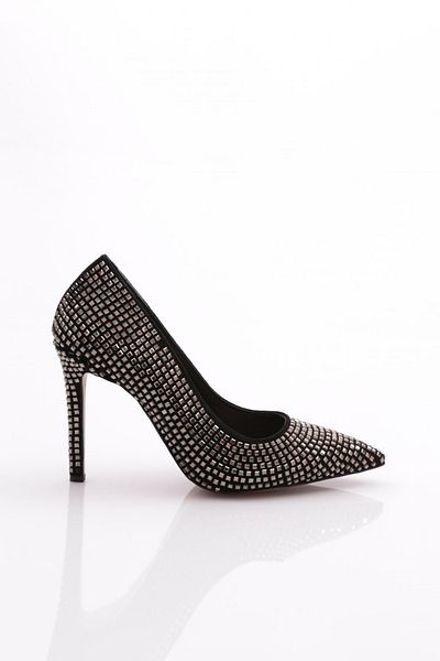 DGN 185 Women's Black Stone Embroidered Heeled Shoes - Platinum Detail