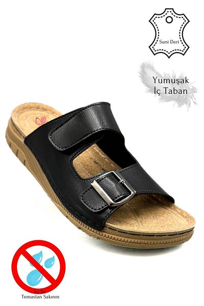 sermoda Ανδρικές παντόφλες από ελαφριά σόλα από συνθετικό δέρμα - Διπλή ταινία, Velcro και αγκράφα, Μαύρο