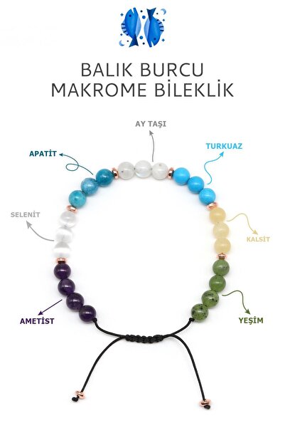 Alibaba Doğaltaş Balık Burcu Taşlarından Oluşan Doğal Taş Makrome Bileklik 6 ...
