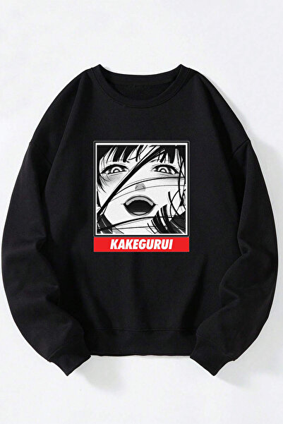 Anetos Yumeko Jabam Unisex Negru Guler Rotund Bumbac Sweatshirt