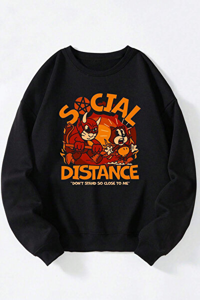 Anetos Social Distance Unisex Hanorac din bumbac cu guler rotund negru