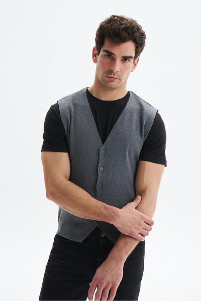 Arma Ανδρικό γκρι Slim Fit πλεκτό γιλέκο 100% βαμβάκι Pima βαμβάκι – κουμπιά, λαιμόκοψη V, βασικό στυλ K9kro0853