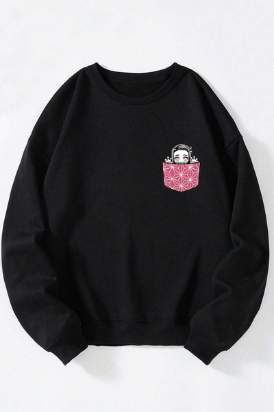 Anetos Демон Слейър Незуко Сладко унисекс черно памучно суитшърт с обло деколте
