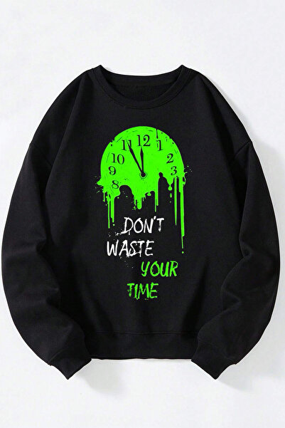 Anetos Nu spătați-vă timpul unisex negru guler rotund bumbac Swea tricou