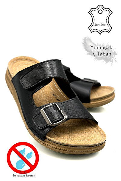 sermoda Ανδρικές παντόφλες από ελαφριά σόλα από συνθετικό δέρμα - Διπλή ταινία, Velcro και αγκράφα, Μαύρο