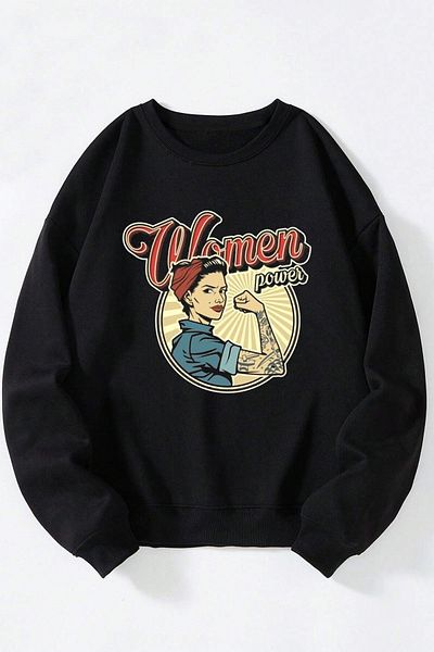 Anetos Women Power Unisex Black Crew Neck Cotton Sweatshirt