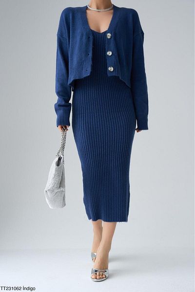 Lupies Indigo Women's Knitwear Set - Sling Dress and Cardigan