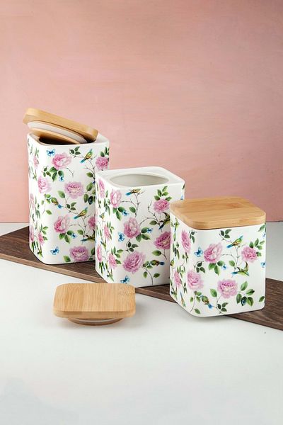 Bursa Porselen Dekor Pink Rose and Bird 3 Pcs Vacuum Bamboo Lid Porcelain Spice Jar