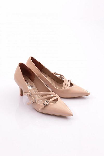 DGN Pantofi de dama cu toc subtire cu brâu din piele lacuita bej 3738535
