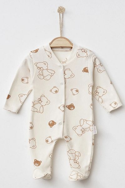 ENİA BABY Unisex Baby Teddy Bear Themed Themed Jumpsuit with Snap Fasteners Booties Newborn Baby Outfit 0-3-6 Months