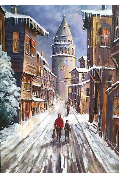 pixartsanat Snowy Galata Tower Road 46X66 Pixart Art Diamond Mosaic Painting Diamond Türkiye