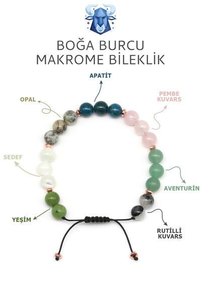 Alibaba Doğaltaş Boğa Burcu Taşlarından Oluşan Doğal Taş Makrome Bileklik 8 m...