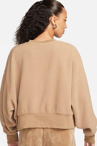 Nike Дамски суитшърт Sportswear Plush Mod Crop Crew, кафяв, с широка талия и плюш, млечен кафяв