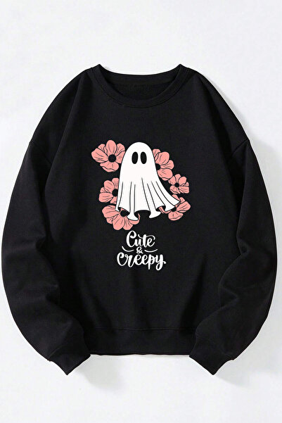 Anetos Sweet Ghost unisex negru guler rotund bumbac hanorac