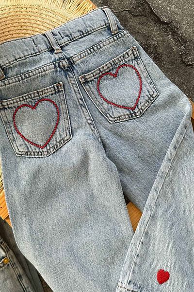 Minigimin Cicileri My Little One's Heart Embroidered Pocket Girl's Denim Trousers - Light Blue