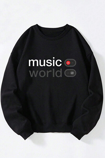 Anetos Music On World Off Unisex Negru guler rotund Sweatshirt din bumbac