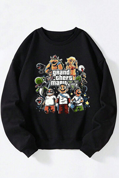 Anetos Grand Theft Mario Unisex Negru Guler Rotund Bumbac Sweatshirt